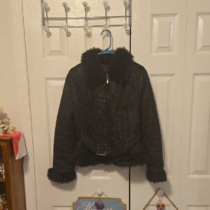Last Kiss Dark Teddy Jacket with Faux Fur Trim